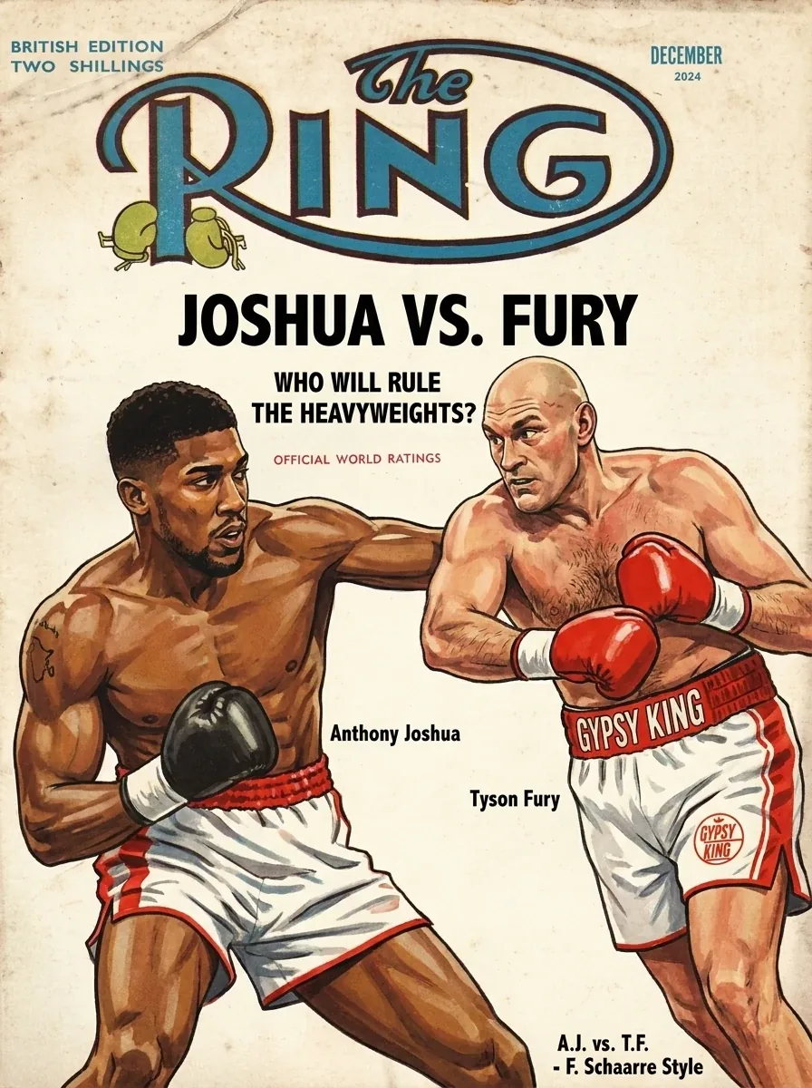 Joshua vs Fury, who will rule the heavyweights: the BoxingFinesse cover study in the style of a vintage Ring magazine, Joshua throwing a left, Fury in red gloves