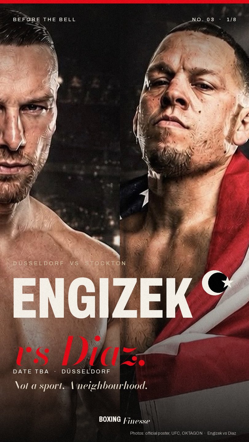 Kerim Engizek and Nate Diaz face to face on the Before the Bell No. 03 cover, with the Turkish crescent and star and the line Düsseldorf vs Stockton
